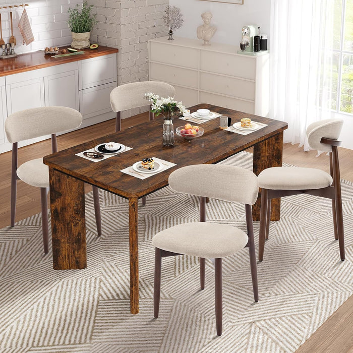 7-Piece Rectangular Dining Table Set for 6, 63" Industrial Kitchen Table with 6 Wooden Upholstered Dinner Chairs for Dining Room, Kitchen, Living Room, Brown+Beige