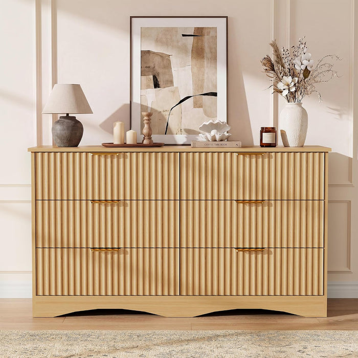 Bedroom Dresser, 47.2" Fluted Wood Dressers, 6 Drawer Dresser