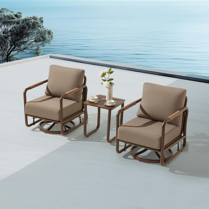 3 Piece Patio Outdoor Aluminum Swivel Rocking Chair with Coffee Table and 6.7" Thickened Cushions, All Weather Outdoor Furniture Chairs for Garden, Poolside, Deck-Brown