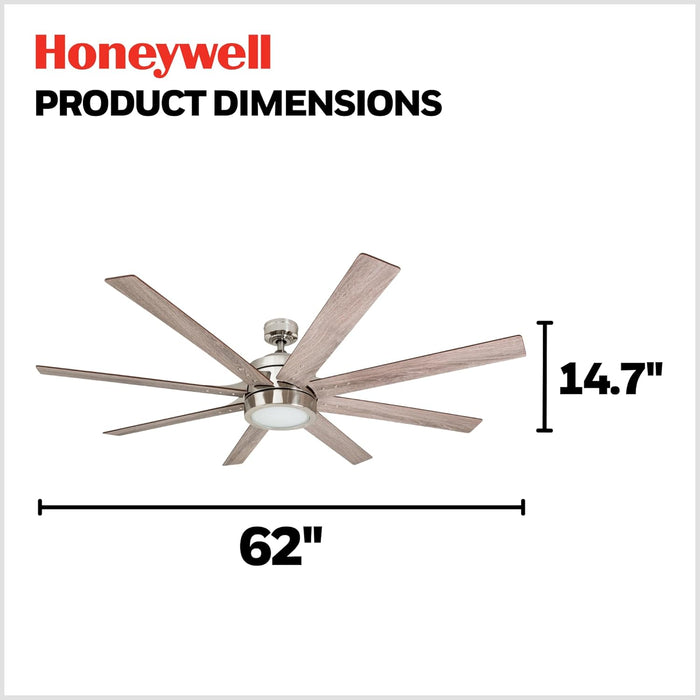 Ceiling Fans Xerxes Modern 62 Inch Ceiling Fan with Light, Remote Control Fan, LED Indoor Fan with 8 Blades, French Oak and Gray Oak Blade Finish Options, Brushed Nickel (50608-01)