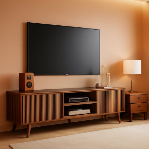 Mid Century Modern for TV Stand for Tvs up to 55-65 Inch,Tv Stand for Living Room,Tv Console with Storage,Tv Console with Fluted Door Cabinets and Open Shelves,Walnut