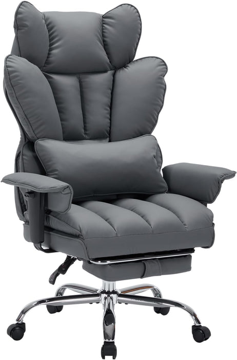 Big and Tall Office Chair, Executive Leather Office Chair with Footrest, 400Lbs Ergonomic Gaming Chair for Adults, Wide Seat Computer Desk Chair with Lumbar Support, 150 Degree Reclining, Gray