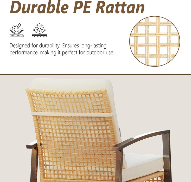 3 Piece Patio Rocking Chairs Set of 2, Outdoor Rocking Chair Bistro Set with Tempered Glass Coffee Table and Thick Lumbar Pillow Set, Front Porch Chairs for Garden, Backyard, Poolside (Beige)