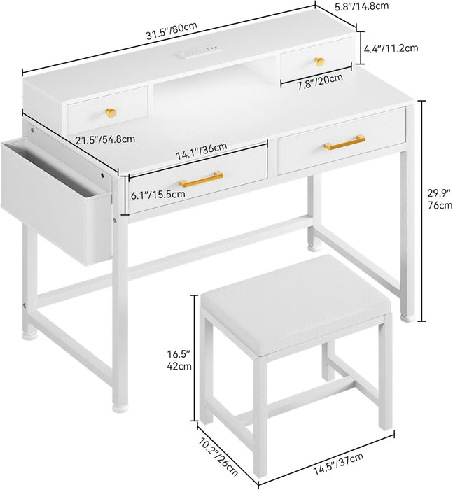 Small Vanity Table with Stool, RGB Light Strips, Makeup Desk with Storage Drawers, Charging Station, Side Hook & Fabric Pocket, Mirrorless