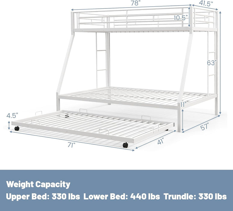 Twin over Full Bunk Bed with Trundle, Heavy-Duty Metal Bunk Bed Frame with Guardrail & 2 Ladders, Space-Saving Bunk Bed for Kids/Teens/Adults, No Box Spring Needed