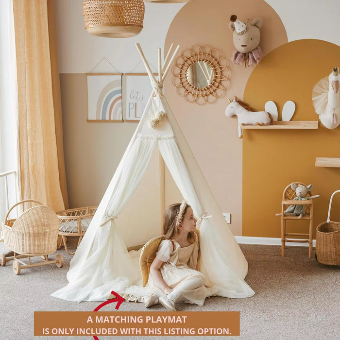 Original Teepee Tent for Kids, Handmade Natural Canvas, Tulle, & Wooden Playhouse Tent for Children & Toddlers, Princess