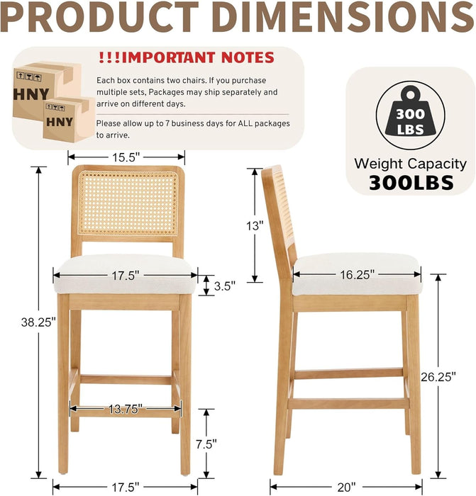 Rattan Counter Bar Stools Set of 4, Farmhouse Bar Stools with Back and Wood Legs, Upholstered Mid Century Modern Fabric Barstools Breakfast Island Chairs for Kitchen Island - White/ 26"