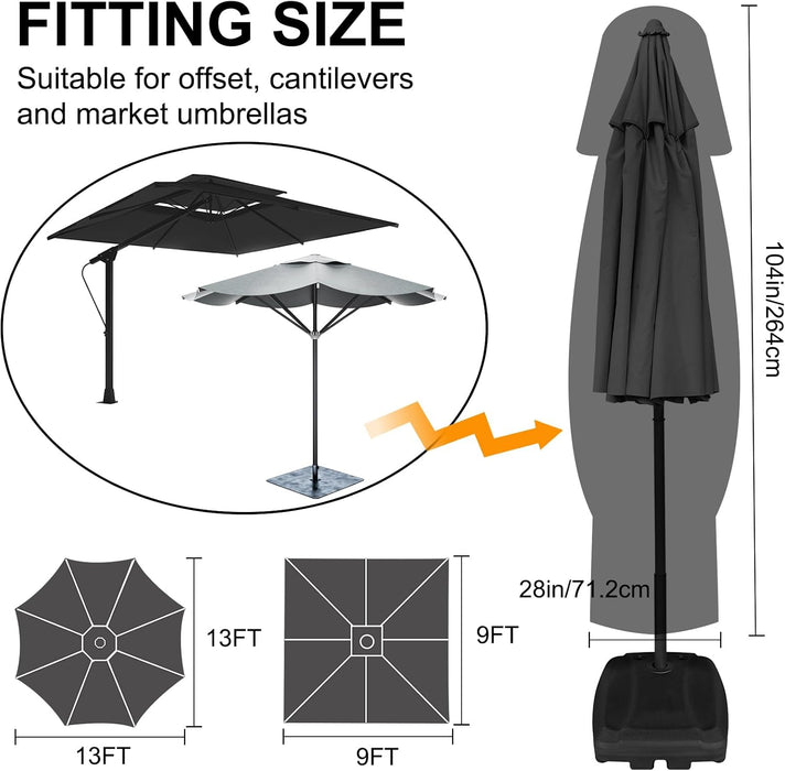 Patio Umbrella Cover for 9Ft to 13Ft Cantilevers Offset Umbrella or Market Umbrella 600D Waterproof Outdoor Parasol Cover with Rod Patio Furniture Covers, Black