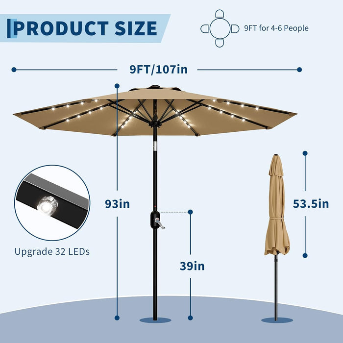 Patio Umbrella with Solar Lights, Outdoor Table Umbrella with 8 Durable Ribs, Tilt & Crank Mechanism, Waterproof & UV Protection for Garden, Backyard, Poolside,