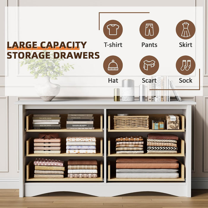 Dresser for Bedroom, 6 Drawer Wood Dresser, White