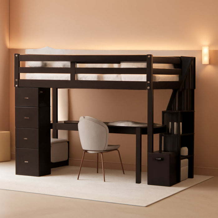 Loft Bed Twin with Desk and Storage Stairs, Space-Saving Wood Bed Frame with Drawers and Shelves, for Teens Adults (Espresso)