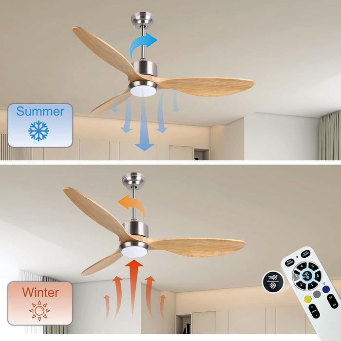 52 Inch Wood Ceiling Fans with Lights Remote Control, 6 Speed Quiet DC Motor 3 Blade Smart Ceiling Fan for Indoor Living Room Bedroom