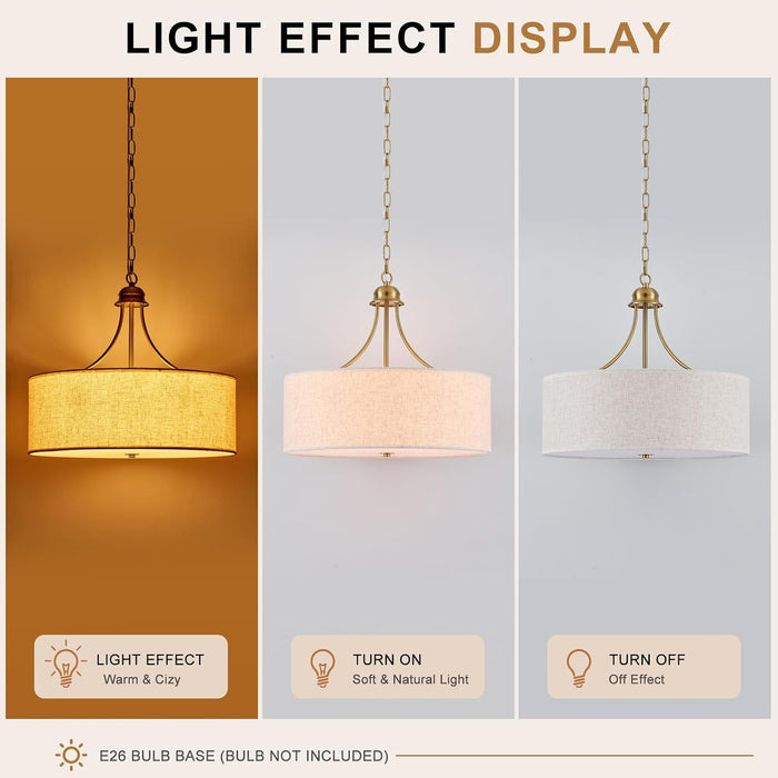 21.8" Large Drum Chandelier, 6-Light Gold Linen Light Fixture
