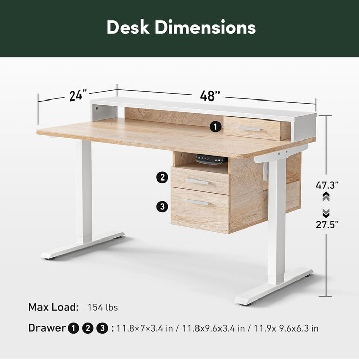 Electric Standing Desk 48 X 24 Inch with Monitor Shelf, 3 Drawers and Open Storage, Home Office Computer Workstation, Pure Maple, 2 Packages