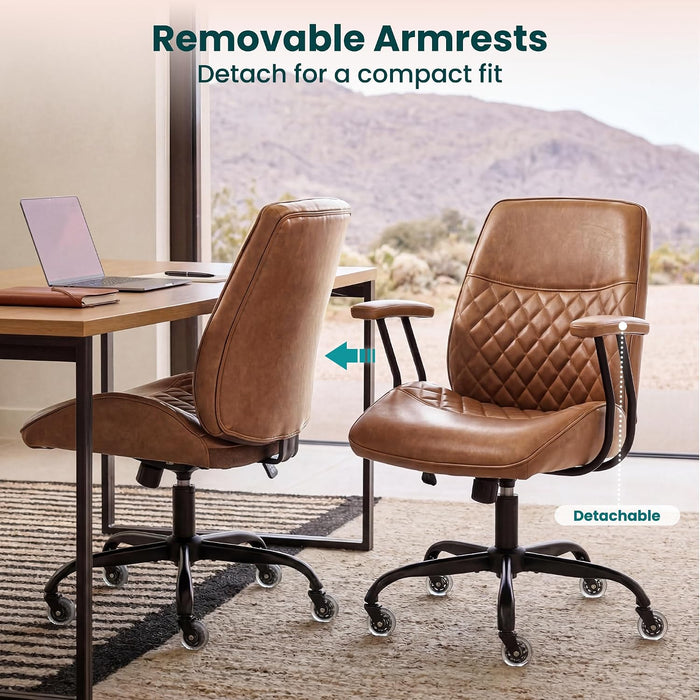 Leather Office Desk Chair with Rubber Casters for Home (Brown)