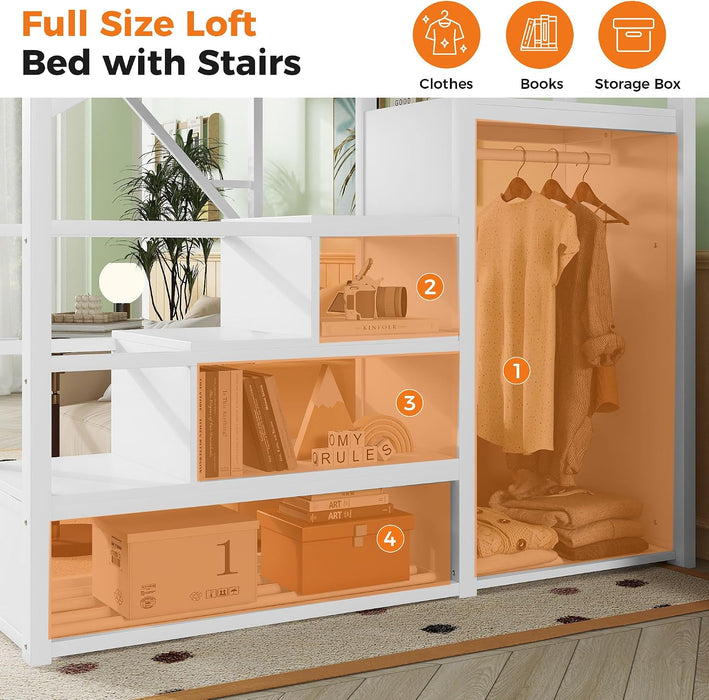 Full Size Loft Bed with Built-In Storage Stairs, Wardrobe, Metal High Loft Bed Frame with Sided Guardrail, Solid Slats, Space Saving Loft Bunk Bed Frame with Wardrobe for Kids Teens, White