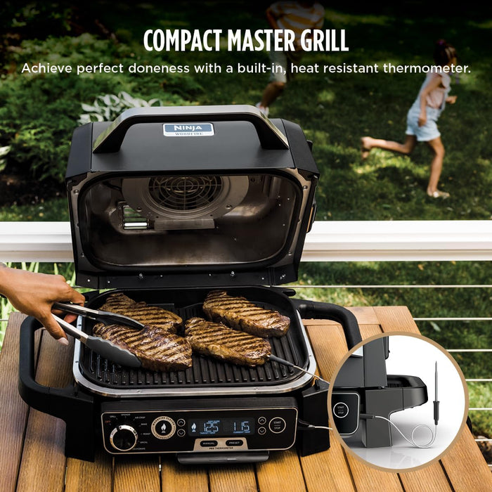 OG751 Woodfire Pro Outdoor Grill Built-In Thermometer,7-In-1 Master Grill,Bbq Smoker,& Outdoor Air Fryer plus Bake,Roast,Dehydrate & Broil,Woodfire Technology,Weather-Resistant,Grey XL