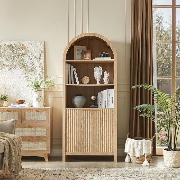 Arched Cabinet Bookshelf Bookcase - 71” Tall Mid Century Arched Display Cabinets, Rounded Bookshelf with Fluted Doors, Open Shelf Storage Cabinet for Dining Room (Natural)