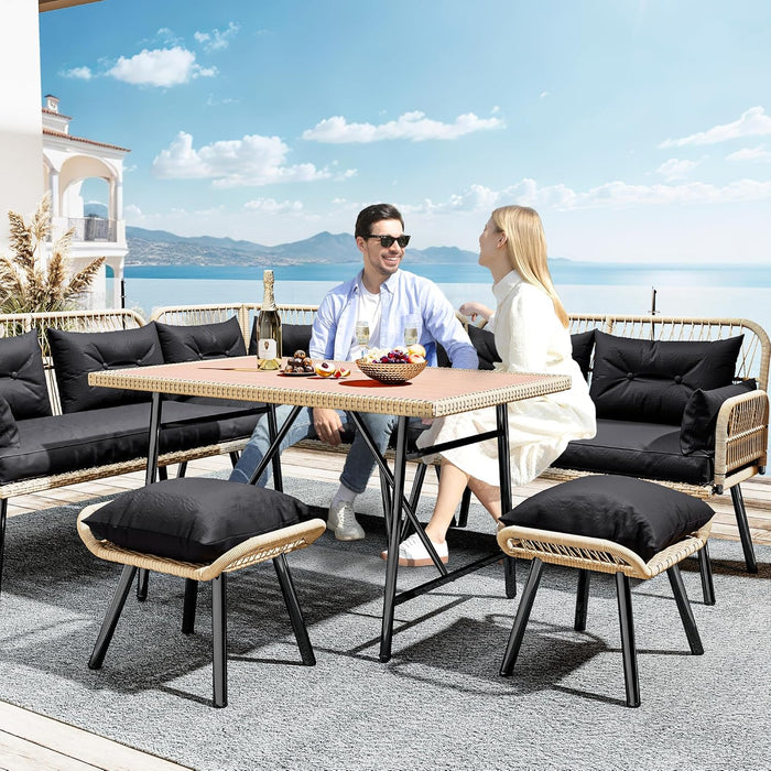Patio Wicker L-Shaped Furniture Set, All-Weather Rattan Outdoor Conversation Sofa Set for Backyard Deck with Soft Cushions,Ottomans and Plastic Wood Dining Table (Light Brown+Black)