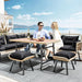 Patio Wicker L-Shaped Furniture Set, All-Weather Rattan Outdoor Conversation Sofa Set for Backyard Deck with Soft Cushions,Ottomans and Plastic Wood Dining Table (Light Brown+Black)
