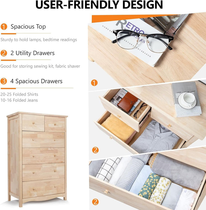 Unfinished Natural Solid Hardwood Six Drawer Dresser