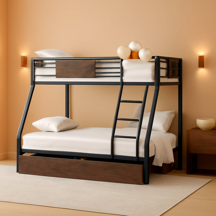 Bunk Bed Twin over Full Size with 2 Storage Drawers/Flat Rungs/Inclined Ladder, Heavy Duty Metal Slat Support, No Box Spring Needed, Black/Industrial Brown