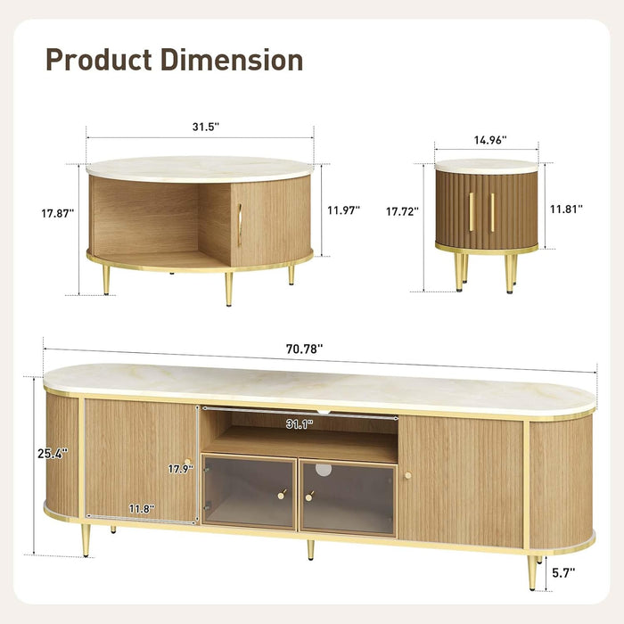 4-Piece Luxury Living Room Table Set, Includes 70" Fluted TV Stand, Fluted Coffee Table and Fluted Nightstand Set of 2 with Storage Drawers, Wood