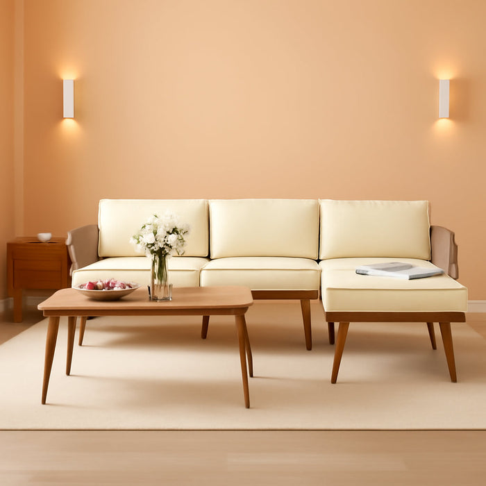 4 Pieces Patio Furniture Set, Outdoor Rattan Woven Conversation Sectional L-Shaped Sofa for Backyard, Porch, Boho Detachable Lounger with Cushions and Side Table - Beige