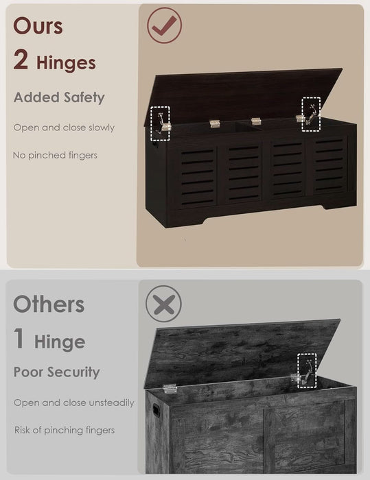 Storage Chest, 47.3” Wooden Toy Box with 2 Safety Hinges, Retro Entryway Shoe Storage Bench with Flip-Top, Sturdy Large Storage Trunk for Living Room, Bedroom, Easy Assembly, Espresso