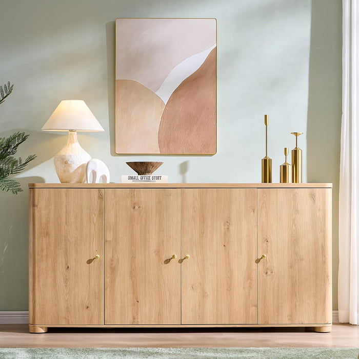 Curved Buffet Cabinet with Doors, 66" Large Sideboard Buffet Storage Cabinet with 4 Doors and Shleves, Modern Coffee Bar Station Wood Kitchen Table for Kitchen, Dining Room, Natural