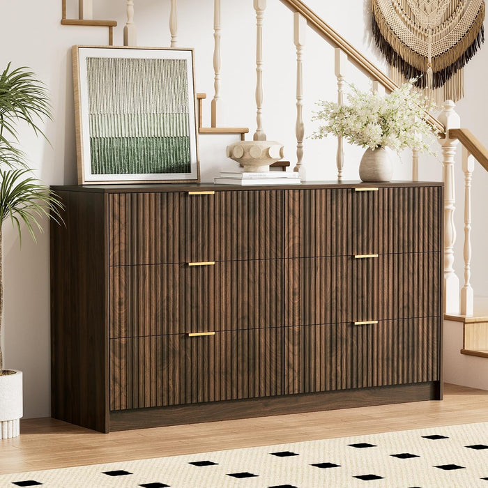 Walnut Dresser for Bedroom, Modern Dresser with 6 Drawers and Smooth Slides, Wide Chest of Drawers with Golden Handles for Bedroom, Living Room, Closet, 15.7" D X 55.1" W X 31.4" H