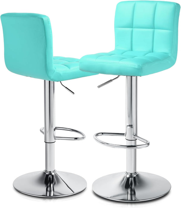 Adjustable Bar Stools Set of 2 PU Leather Swivel Counter Height Modern Square Island Barstool with Back for Kitchen Counter Chairs, Cyan