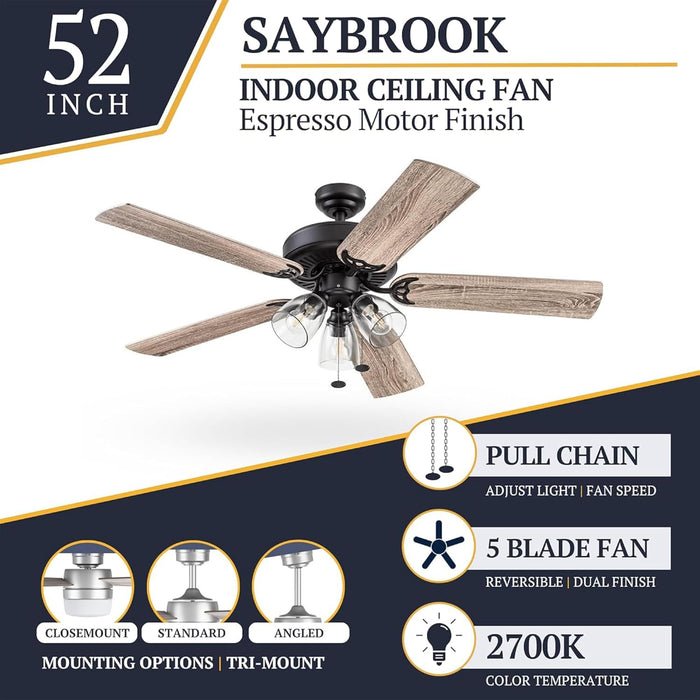 Saybrook 52 Inch Farmhouse LED Indoor Ceiling Fan with Light, Pull Chain Control, 5 Dual Finish Blades, Reversible Motor, Bronze