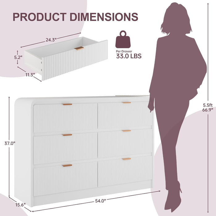 Fluted 6-Drawer Dresser 54-Inches White Solid-Wood Storage