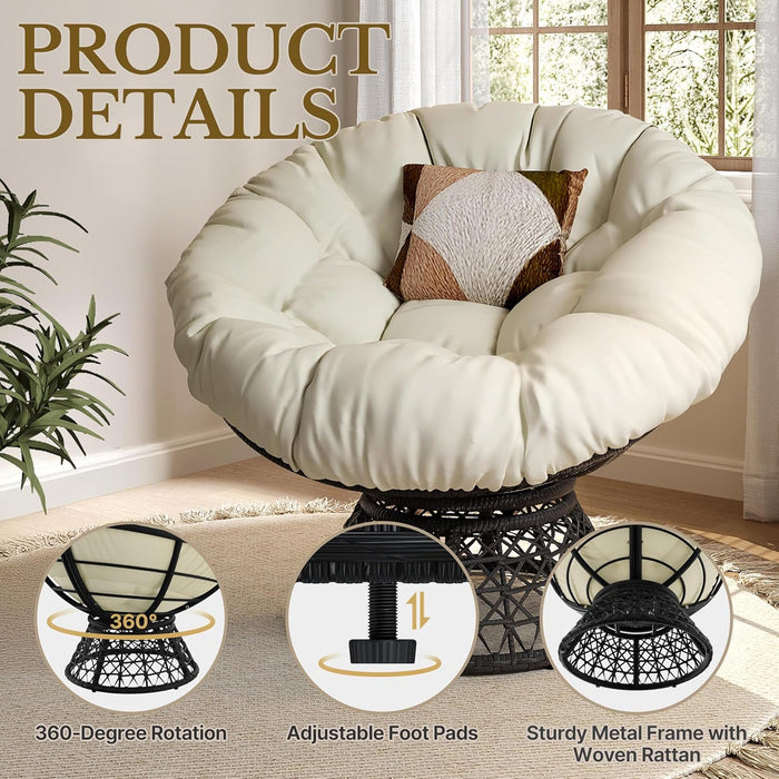 Indoor Papasan Chairs with Thick Tufted Cushions and Frame, Swivel Wicker Ergonomic Lounge Reading Chairs for Living Room/Bedroom, Beige