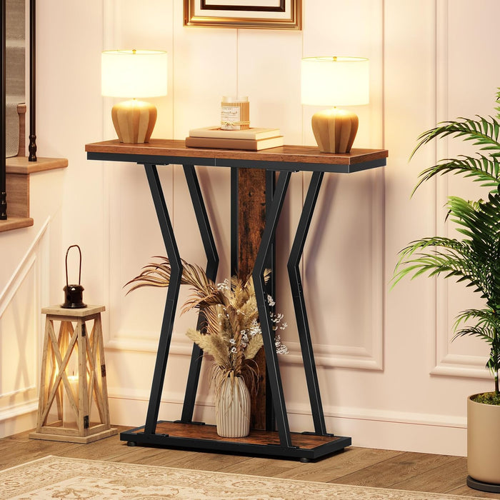 Narrow Console Table, 29.5" Small Entryway Table with Storage, 2-Tier Sofa Table behind Couch, Modern Style, for Living Room, Hallway, Foyer, Bedroom, Rustic Brown and Black BF66XG01