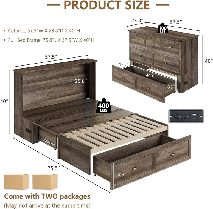 Full Size Murphy Bed, Farmhouse Wooden Cabinet with Charging Station and Storage Drawer for Bedroom/Office/Guest Room, Grey Oak