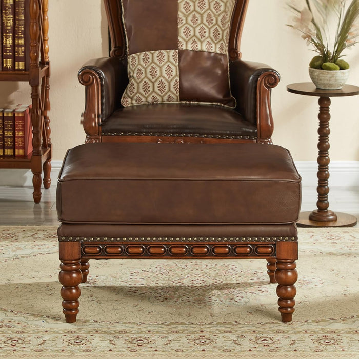 Microfiber Leather Ottoman with Wood Rome Turned Legs and Nailhead Trim, Big Footstool with Decorative Base for Bedroom, Living Room(Light Brown)