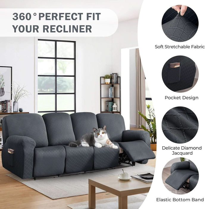Diamond Recliner Sofa Covers 10-Pieces Stretch Large RV Couch Covers for 4 Seats Reclining Slipcovers Soft Solid Furniture Protector (Grey,4 Seat)