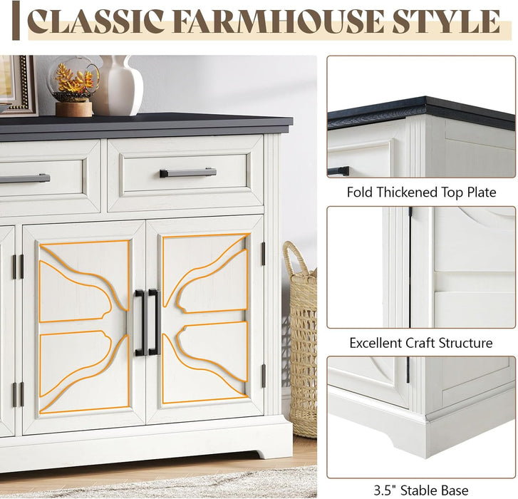 63" Farmhouse Buffet Sideboard Cabinet with 3 Drawers & Adjustable Shelves, White Coffee Bar Wine Bar Storage Cabinet for Kitchen, Living Room