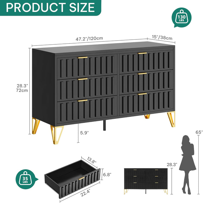 Fluted Dressers, 6 Drawer Dressers & Chests of Drawers, Metal Modern Dresser for Room, Entryway, Hallway, Black
