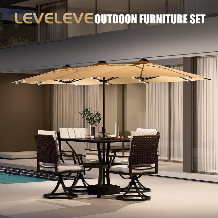 15FT Large Patio Patio Umbrella with Base & Solar LED Lights - Double-Sided,Kahaki