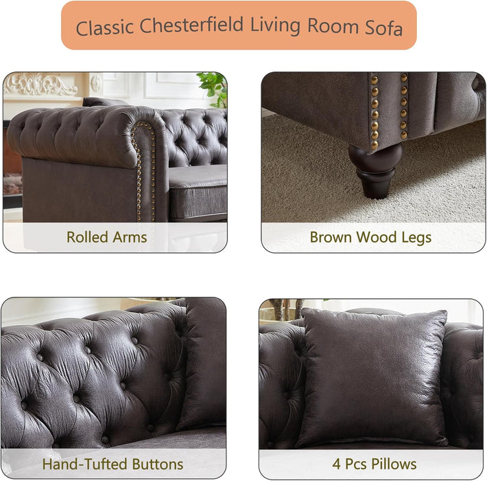 2-Piece Tech Fabric Upholstered Living Room Sofa Set, Including 3-Seater Sofa and Loveseat with Button and Copper Nail on Arms, Four Pillows Included, Grey