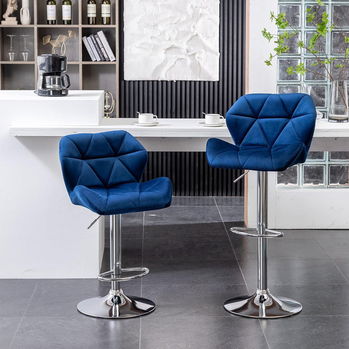 Breni Velvet Diamond Tufted Swivel Adjustable Height Barstools, Set of 2, Blue