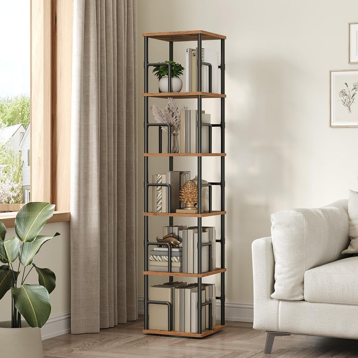 Rotating Corner Bookshelf Five Tier WalnutWoodFinish