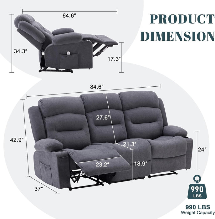 Oversized Recliner Sofa with Heat and Massage, Big Large 3-Seater RV Recliner Couch Sofa for Living Room, Wall-Hugger Reclining Sofa with Cup Holders and USB Port (Fabric, Grey)