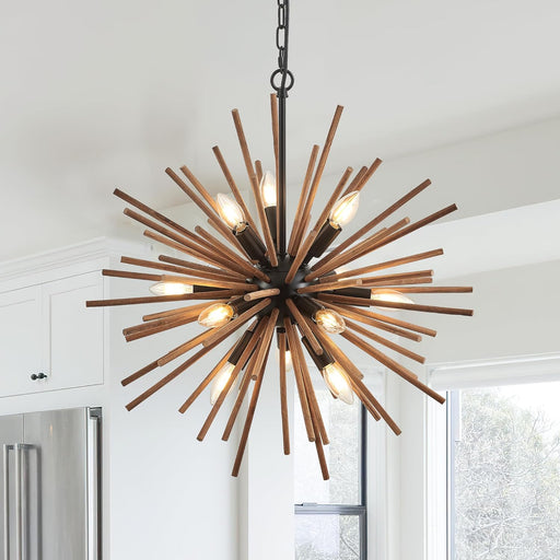 12 Lights Farmhouse Wood Sputnik Chandelier Fixture