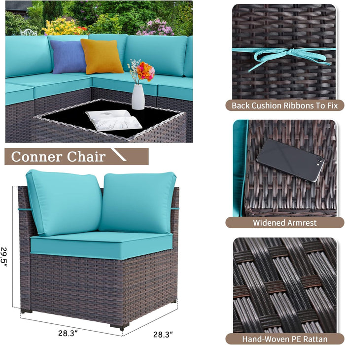 7 Pieces Patio Furniture Set, Rattan Outdoor Conversation Sets W/43In Propane Fire Pit Table and 4 Inch Cushion(Blue)