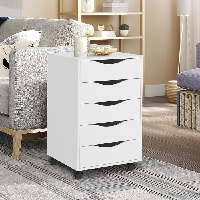 5 Drawer Chest Wood File Cabinet Rolling Storage Dresser with Wheels for Home Office, White