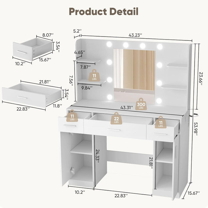 Makeup Vanity Desk with Mirror and Adjustable 10 LED Bulbs, White | Vanity Makeup Table with Power Outlets and Hairdryer Rack, Dressing Table with 3 Drawers & 2 Large Cabinet, 3 Color Lighting